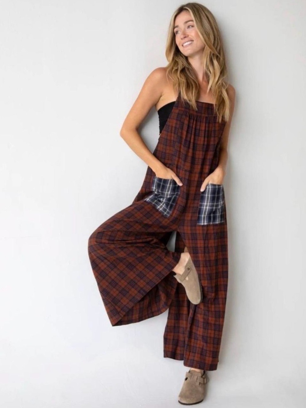 Natural Life Jumpsuit Romper Size S Brown Plaid Wide Leg Contrast Pocket  Artsy